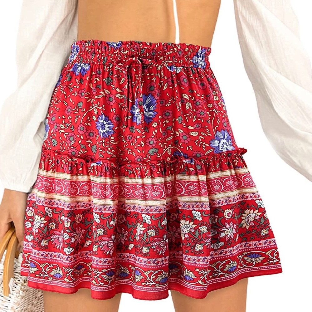 Red bohemian floral print skirt